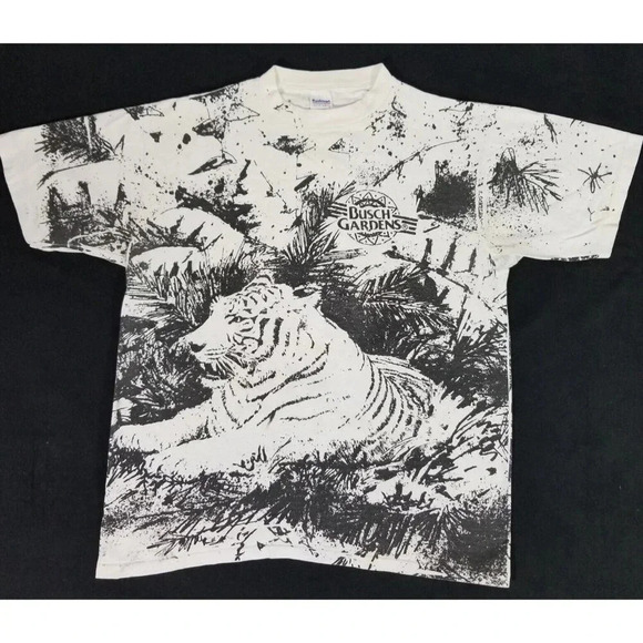 Vintage 90's BUSCH GARDENS Tiger All Over Print Souvenir T-Shirt "One Size Tag" - Picture 2 of 7
